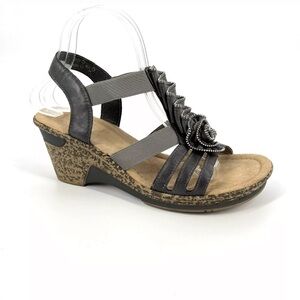 Rieker Wedge Sandals Gray Zipper Rosette Stretch Strap Womens EU 41 US 9.5
